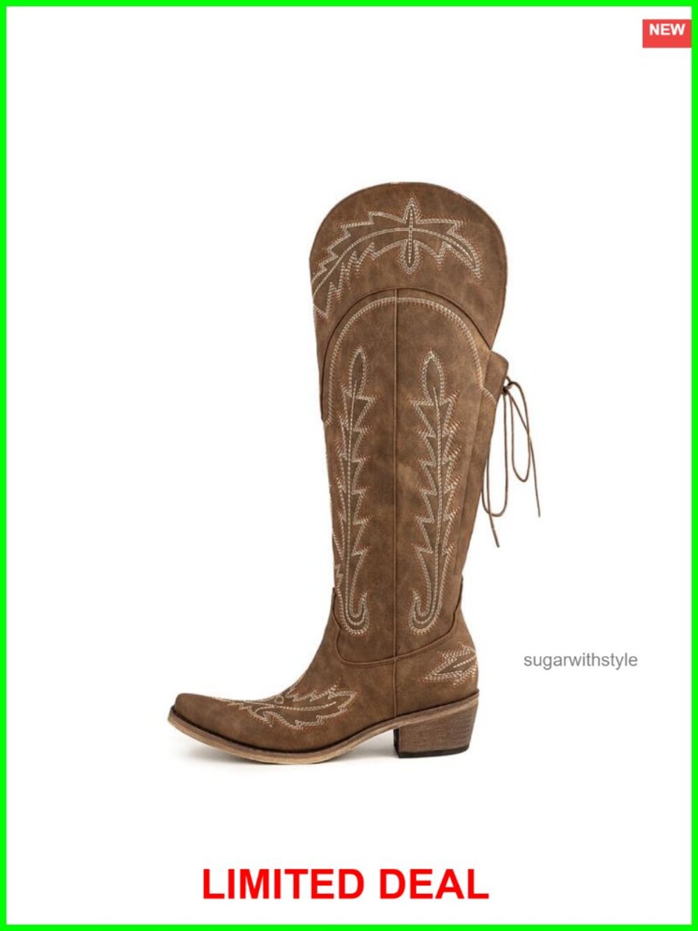 Womens Knee High Cowboy Boots Faux Leather Western Embroidered Lace Up